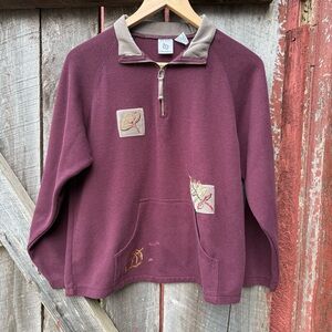 Onque Casuals Autumn Fall Thanksgiving Leaves Embroidered Quarter Zip Sweater